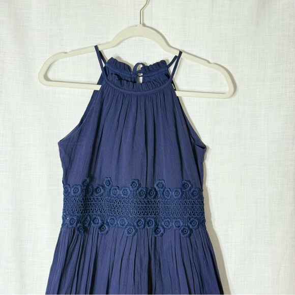Elisa J Navy Blue Halter Midi Dress Cotton Lace Tiered Boho Size 2 cottagecore - Picture 2 of 7